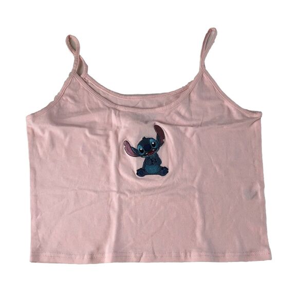 Disney Women Juniors Crop Tank Embroidered Stitch Pink Size Large - Picture 2 of 11